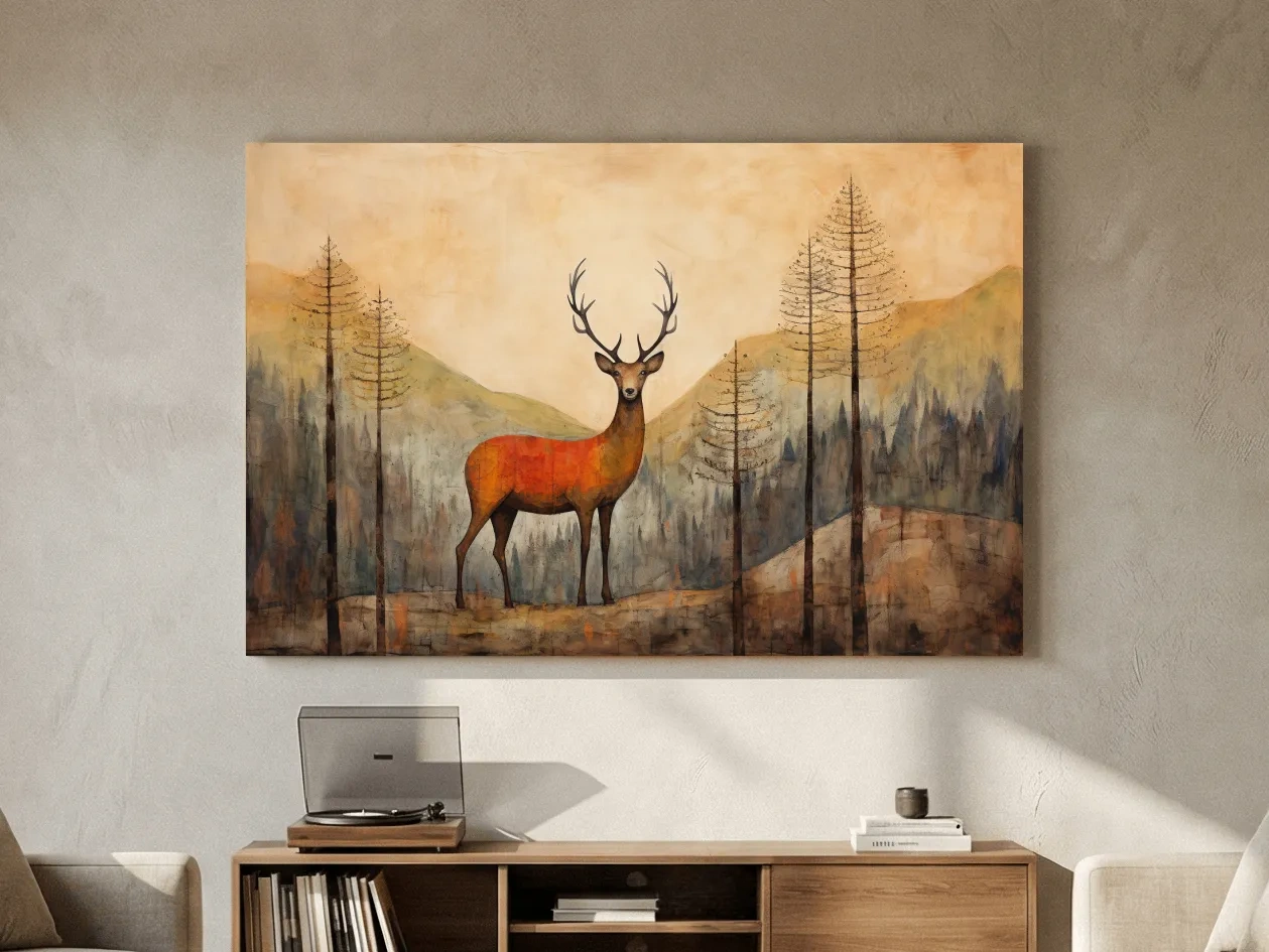 Rustic Woodland Stag Watercolor Painting - Autumn Mountain Forest Wildlife Wall Art