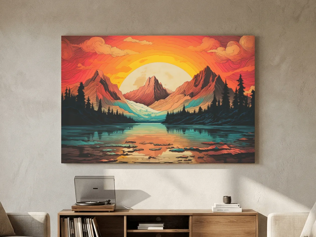 Vibrant Retro Alpine Lake Sunset - Stylized Mountain Wall Art