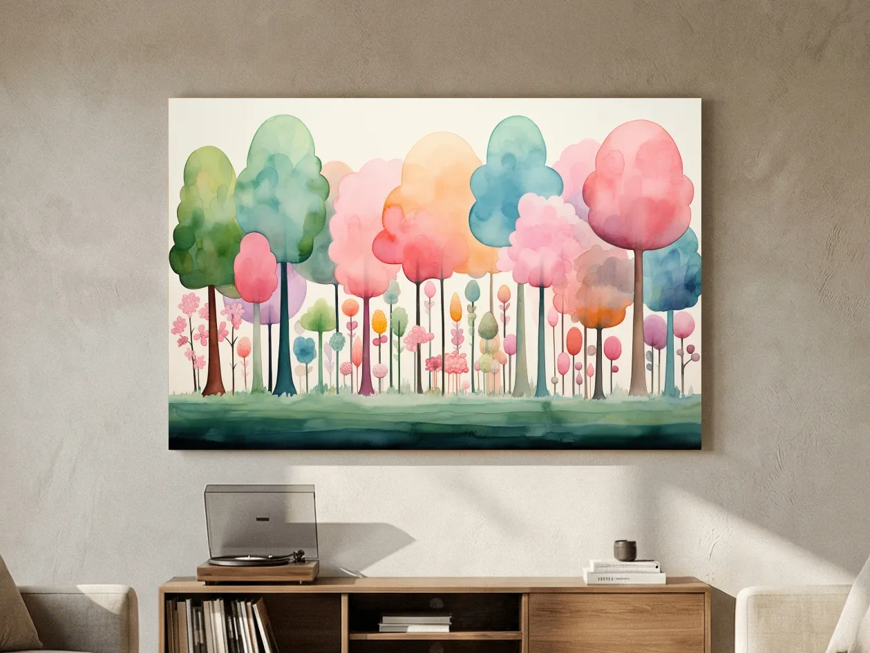 Whimsical Pastel Watercolor Forest - Colorful Nursery Wall Art