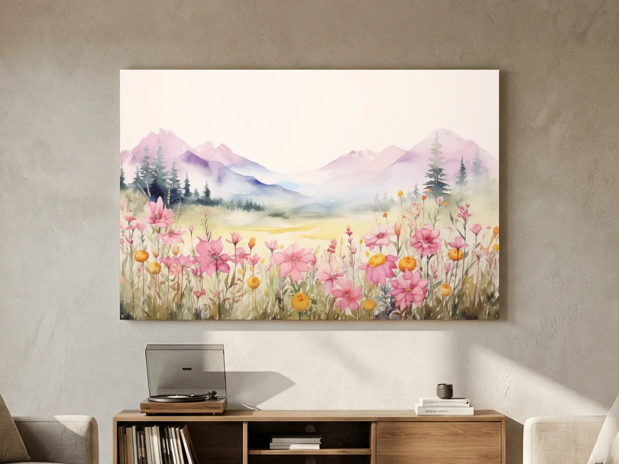 Pastel Wildflower Meadow Mountains Watercolor - Serene Alpine Wall Art