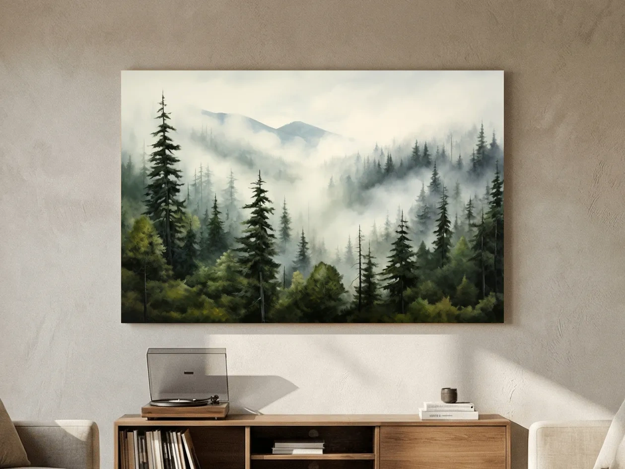 Foggy Alpine Mountain Forest Painting - Moody Watercolor Landscape Wall Art