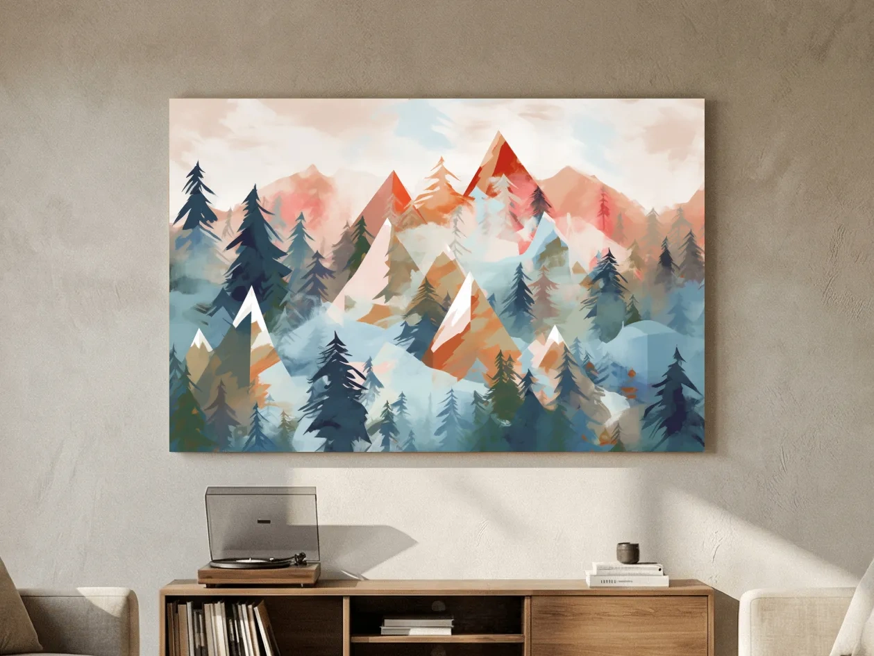 Abstract Watercolor Alpine Mountains And Pine Forest - Modern Geometric Landscape Wall Art