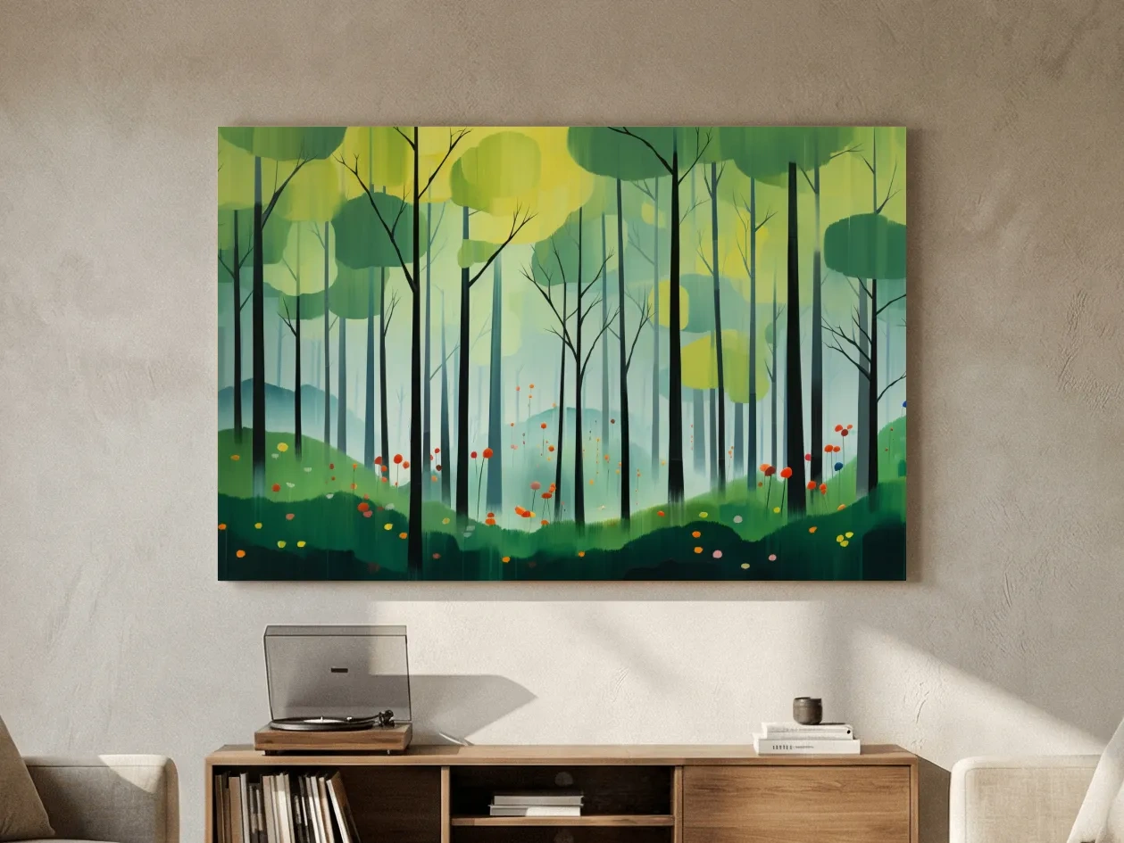 Whimsical Misty Forest Grove Illustration - Woodland Landscape Wall Art