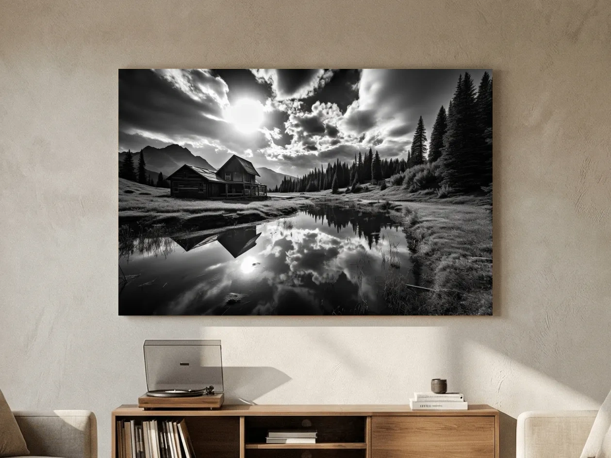 Moody Black And White Mountain Cabin Reflection - Dramatic Alpine Landscape Photography Wall Art