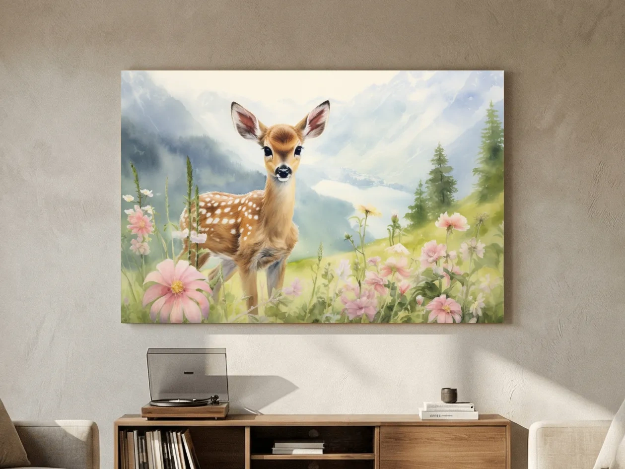 Watercolor Fawn In Wildflowers - Pastel Alpine Meadow Nursery Wall Art