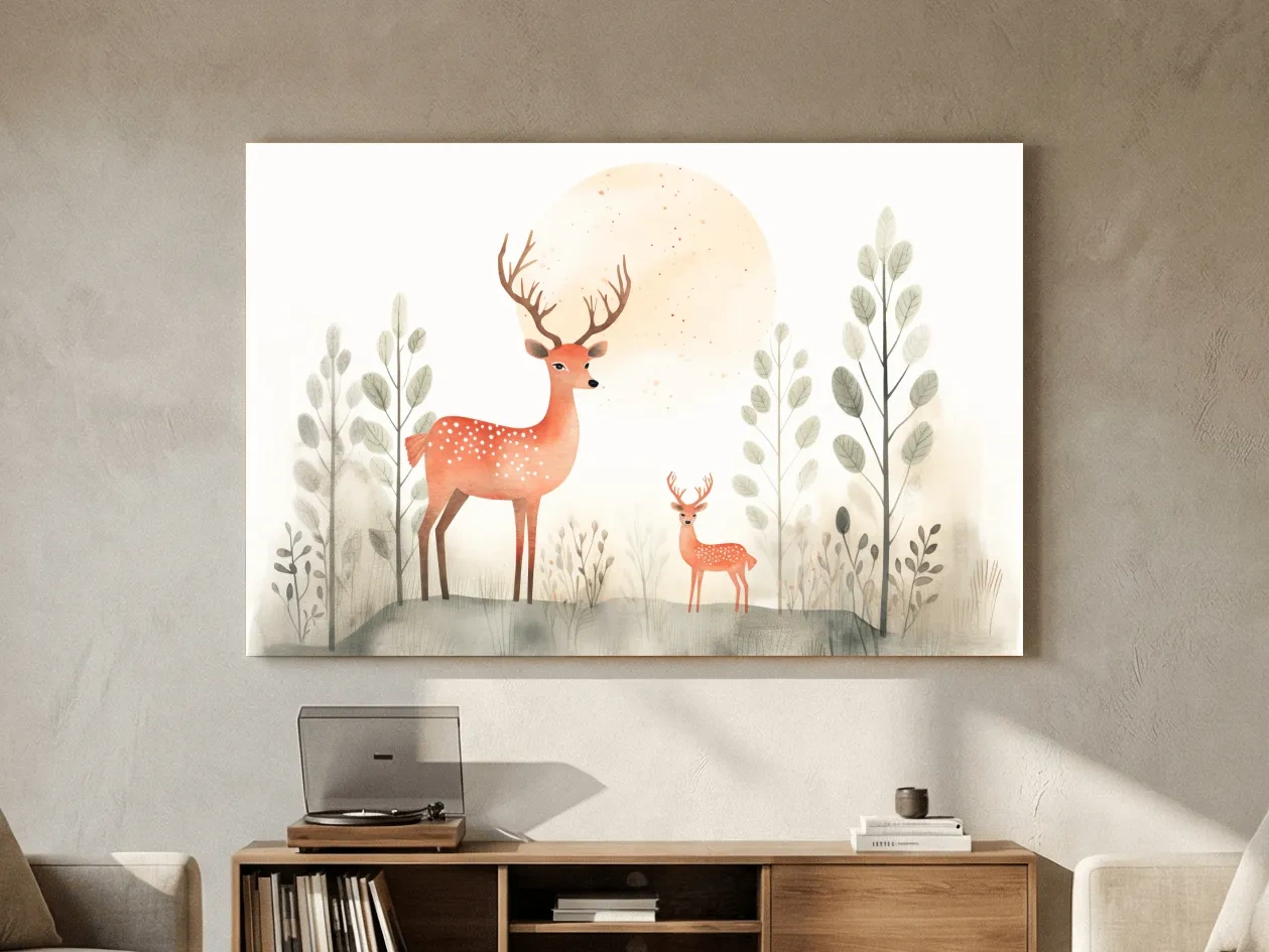 Whimsical Watercolor Deer Family Illustration - Scandinavian Nursery Forest Wall Art