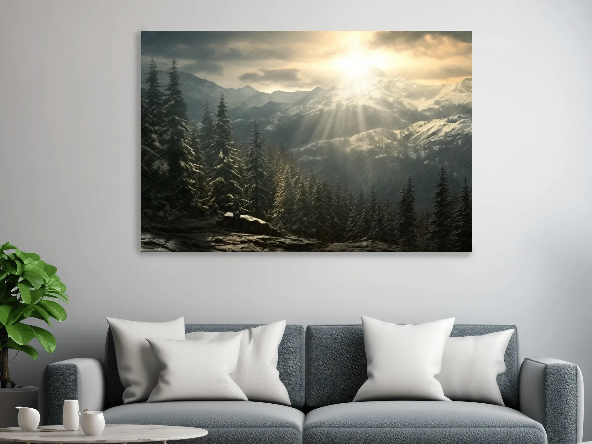 Mountain Snowstorm Sunrise Over Pine Forest - Dramatic Winter Landscape Artwork
