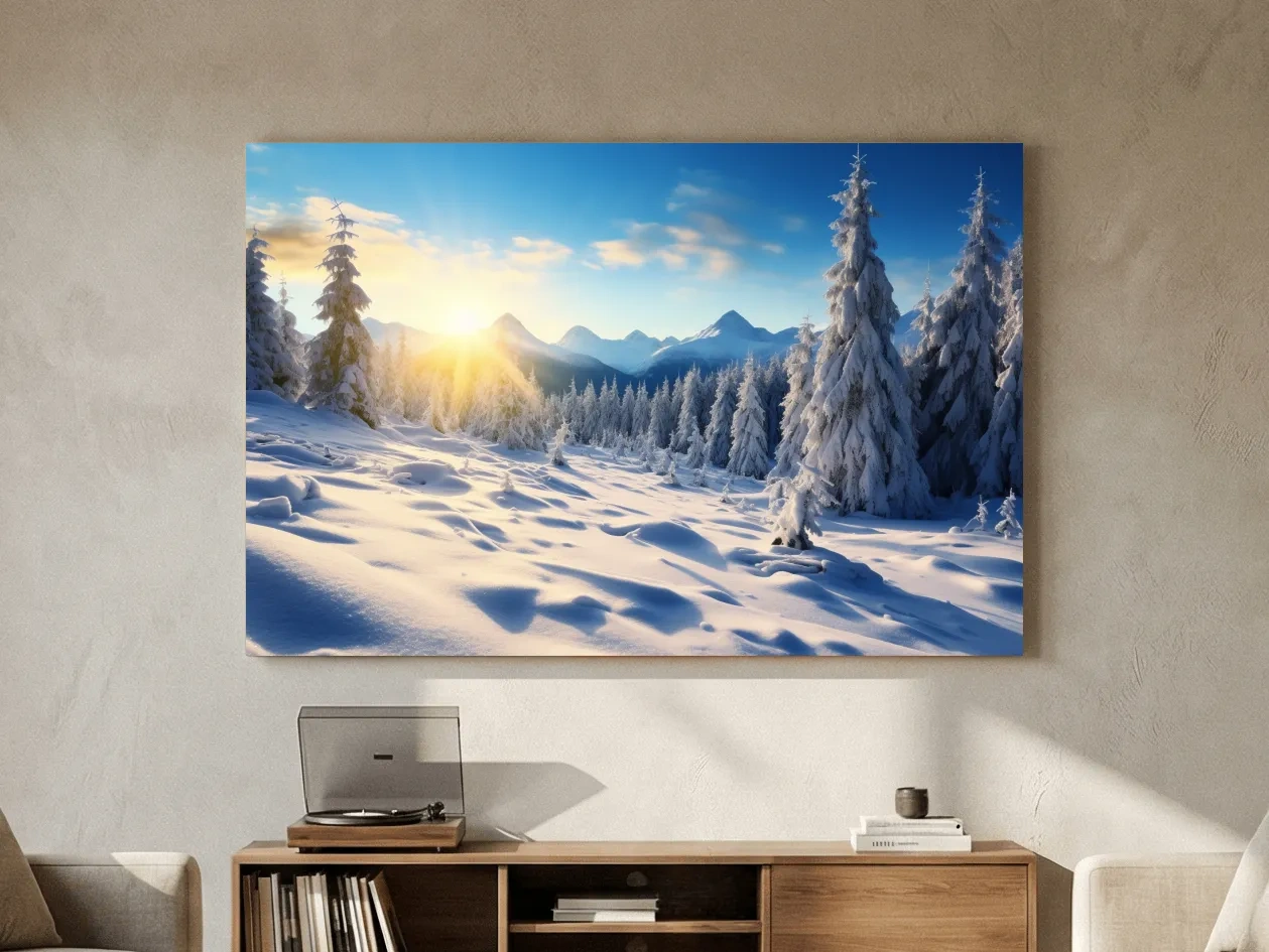 Snowy Sunrise Alpine Forest Landscape - Serene Photographic Nature Wall Art