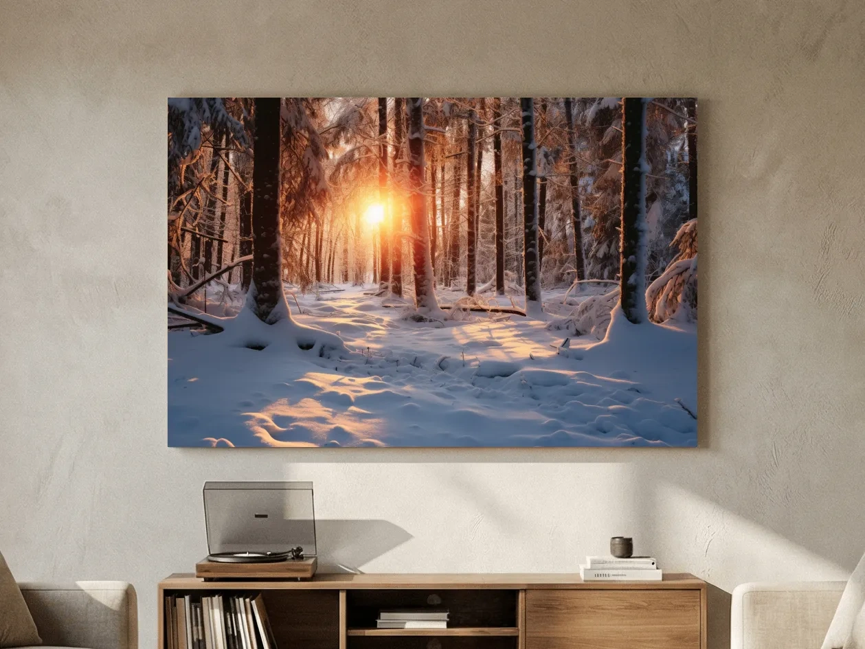 Golden Winter Sunrise Snowy Forest - Serene Nature Landscape Wall Art