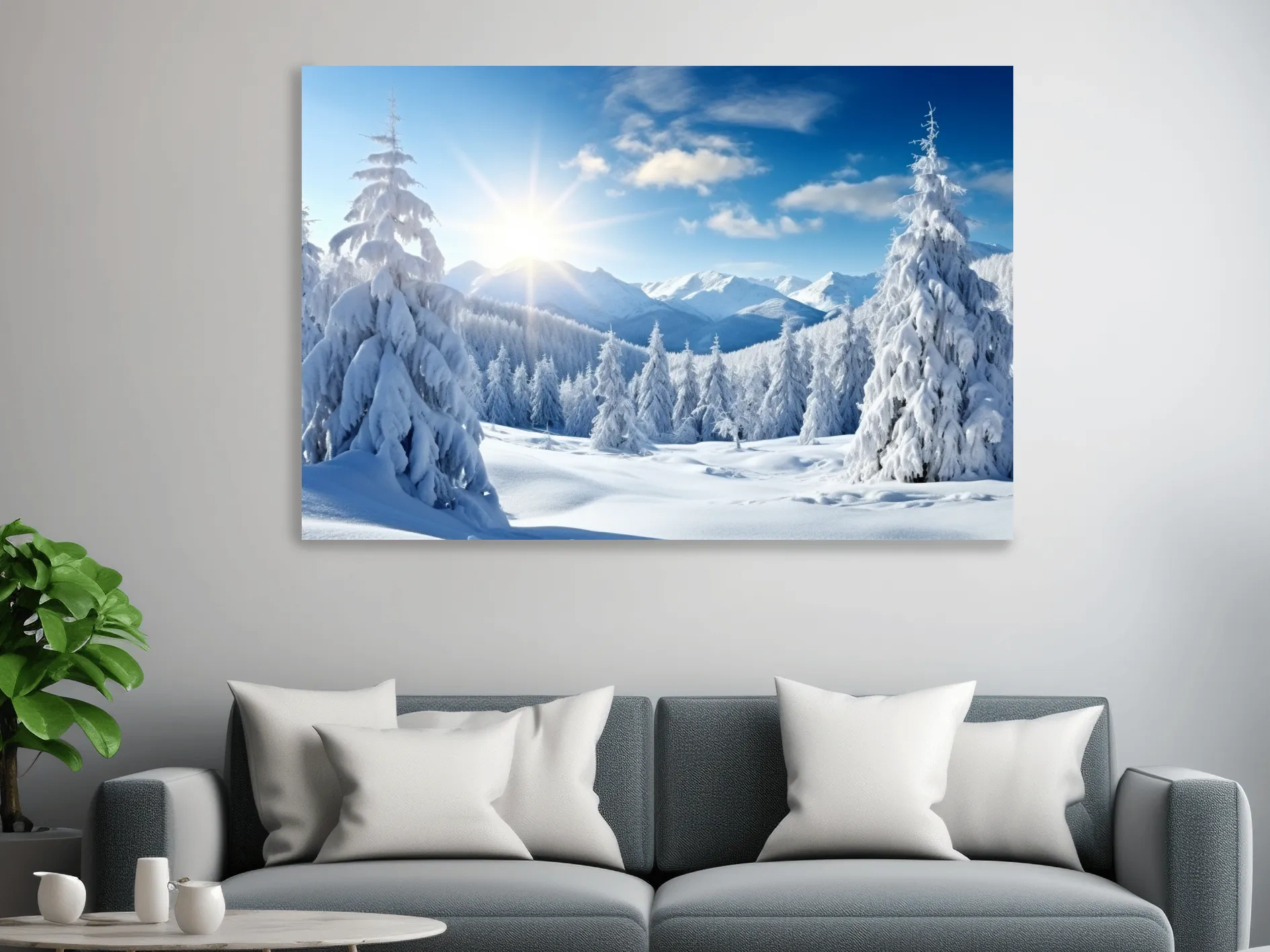 Sunlit Snowy Mountain Winter Landscape - Photographic Alpine Forest Wall Art
