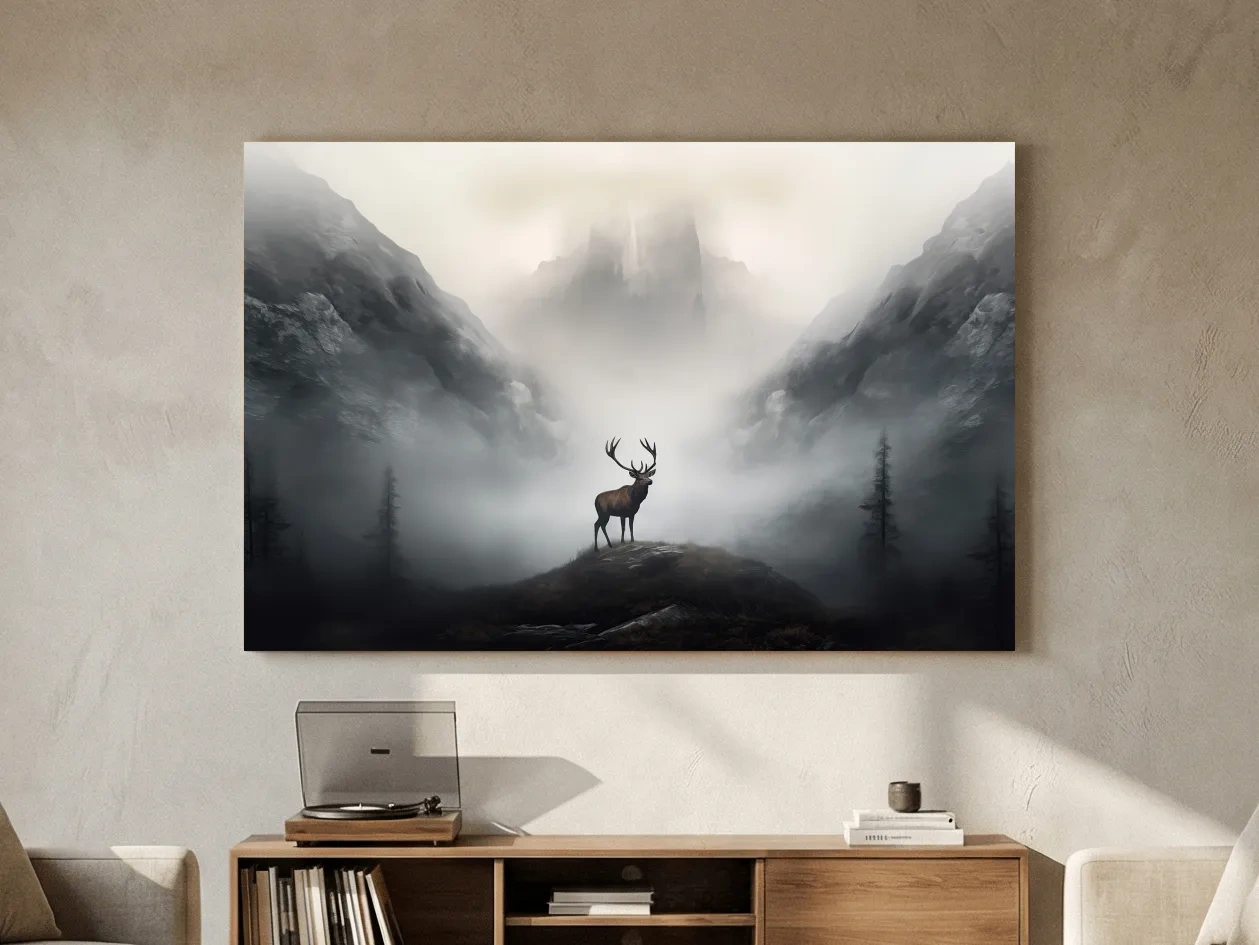 Moody Misty Mountain Stag Silhouette - Atmospheric Wildlife Landscape Art