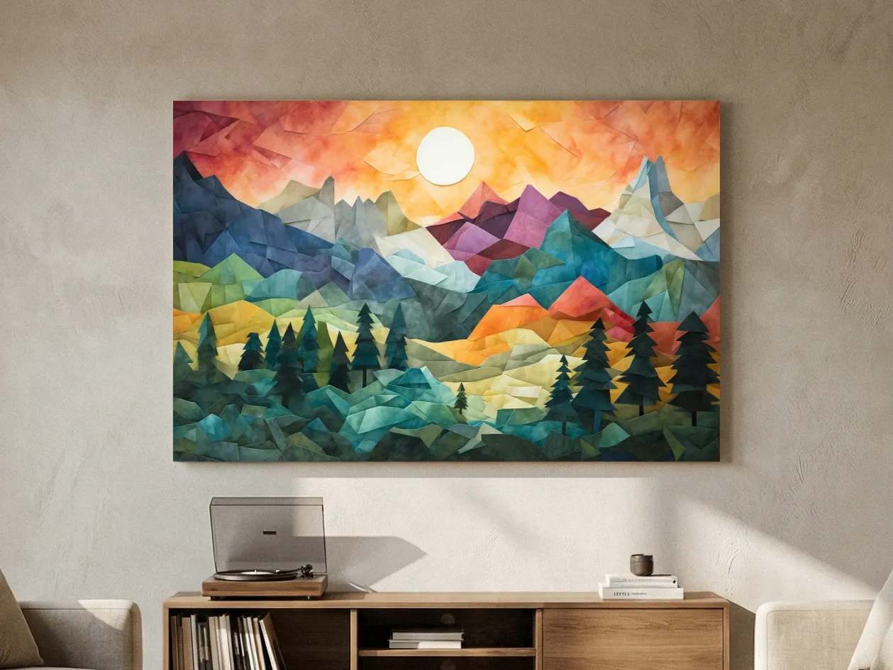 Abstract Alpine Mountain Sunset Artwork - Vibrant Patchwork Mosaic Wall Art