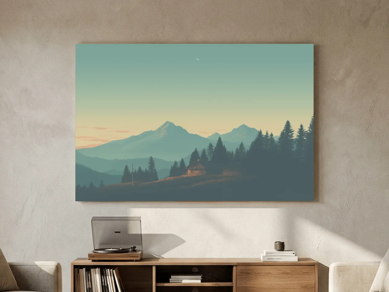 Hazy Alpine Cabin Mountain Sunset - Serene Vintage Landscape Wall Art