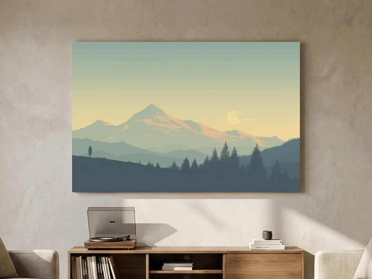 Minimalist Misty Mountain Sunrise Landscape - Serene Alpine Forest Wall Art