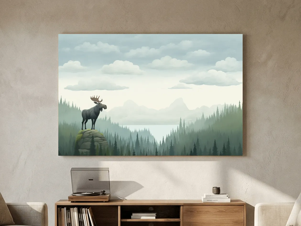 Majestic Moose Over Pine Forest - Nursery Wildlife Mountain Wall Art