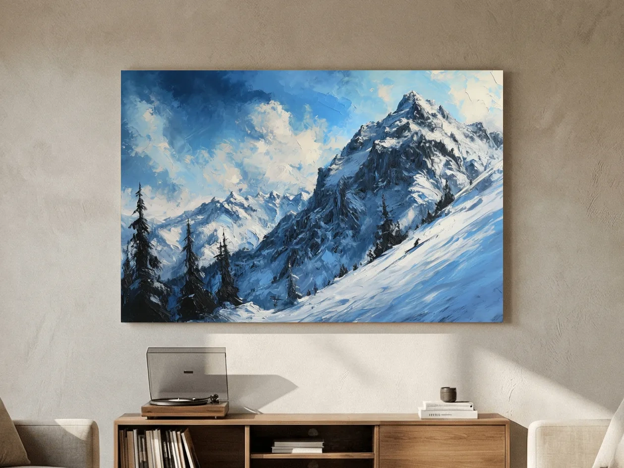 Alpine Snowy Peak Oil Painting - Moody Mountain Landscape Wall Art