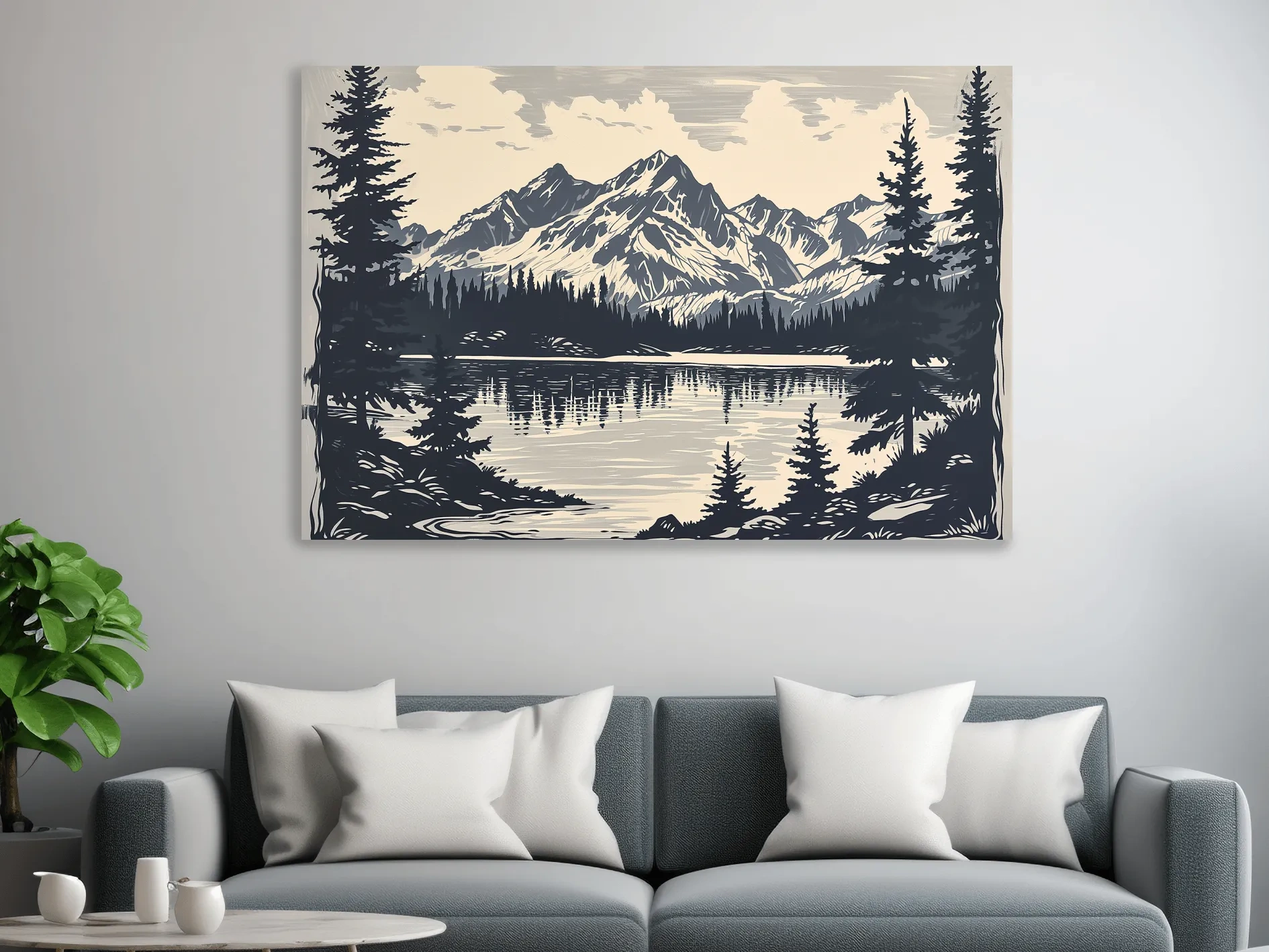 Vintage Alpine Lake Mountain Illustration - Monochrome Linocut Style Artwork