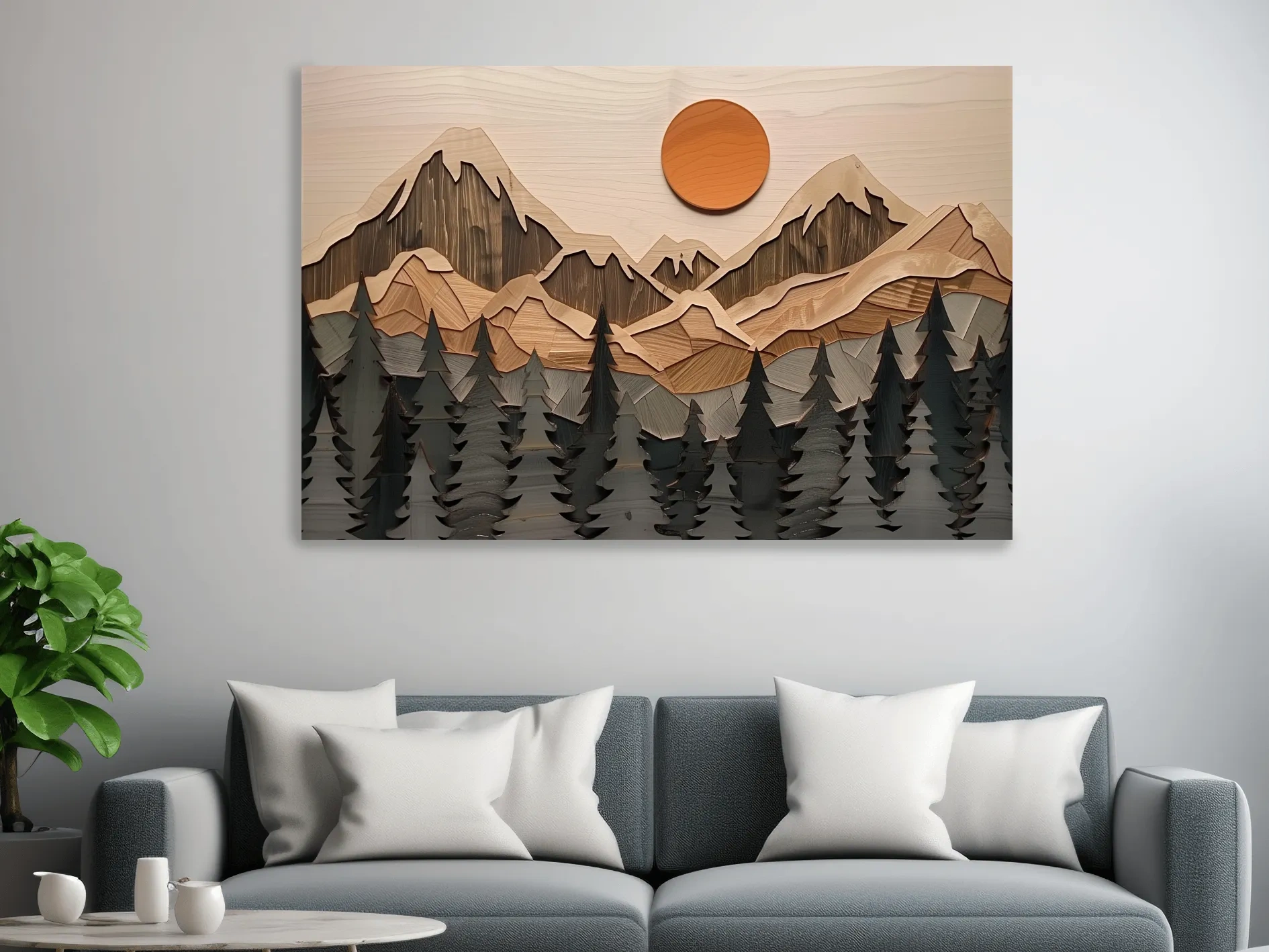 Rustic Geometric Wood Grain Mountain Sunrise - Pine Forest Landscape Wall Art