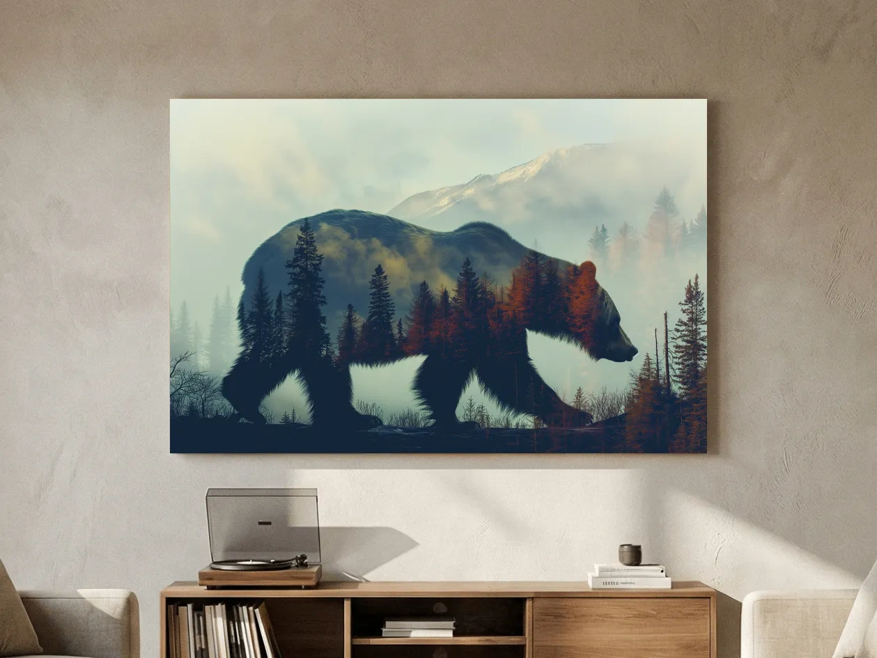 Moody Double Exposure Grizzly Bear Silhouette - Misty Pine Forest Mountain Wall Art