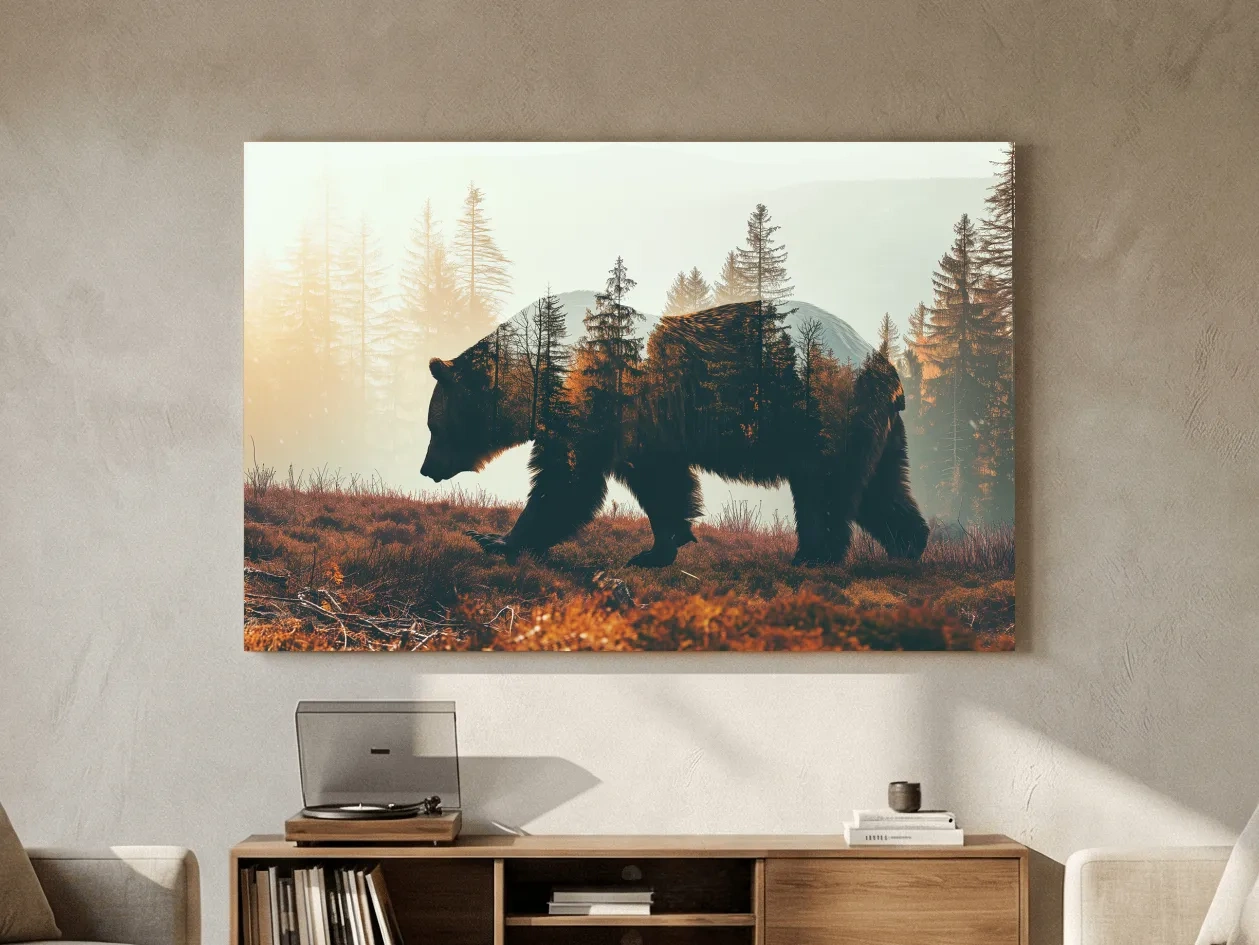 Double Exposure Grizzly Bear Forest - Misty Mountain Wildlife Photographic Artwork
