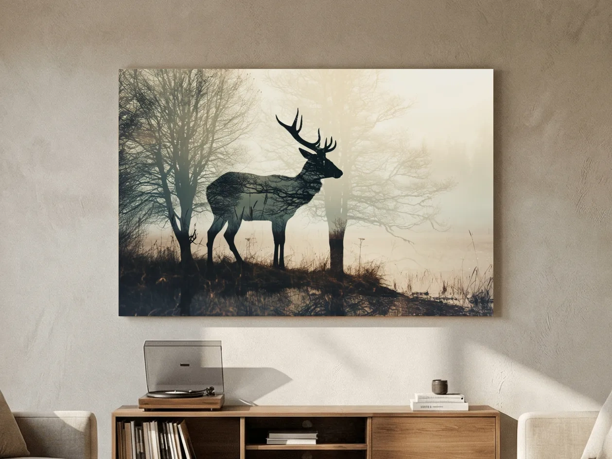 Misty Deer Silhouette Forest Landscape - Double Exposure Wildlife Photography Wall Art