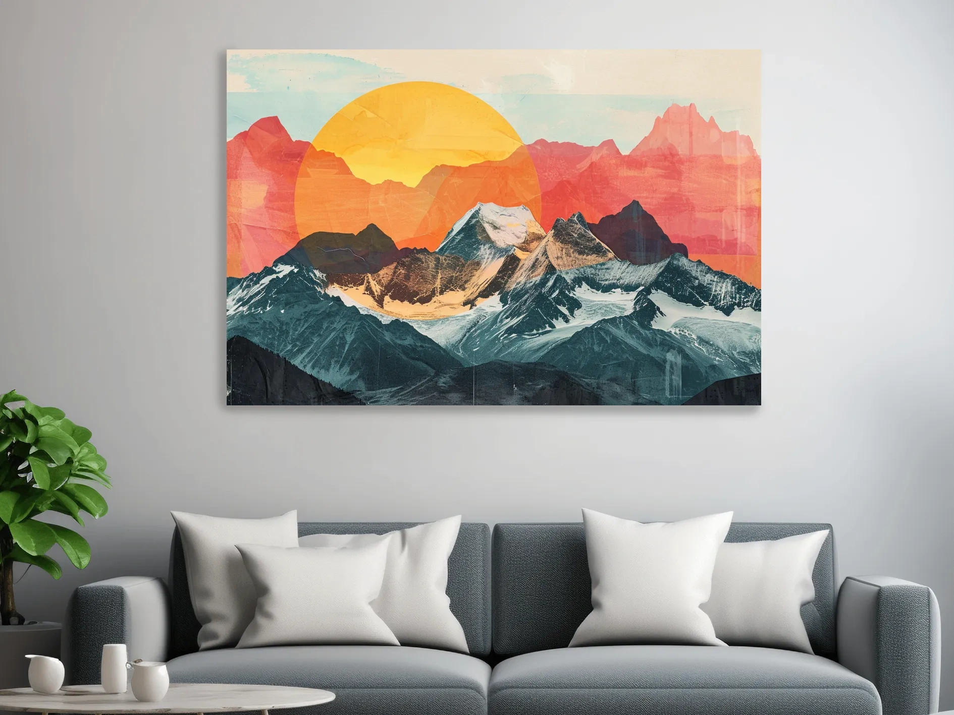 Abstract Alpine Mountains With Golden Sun - Modern Collage Landscape Artwork