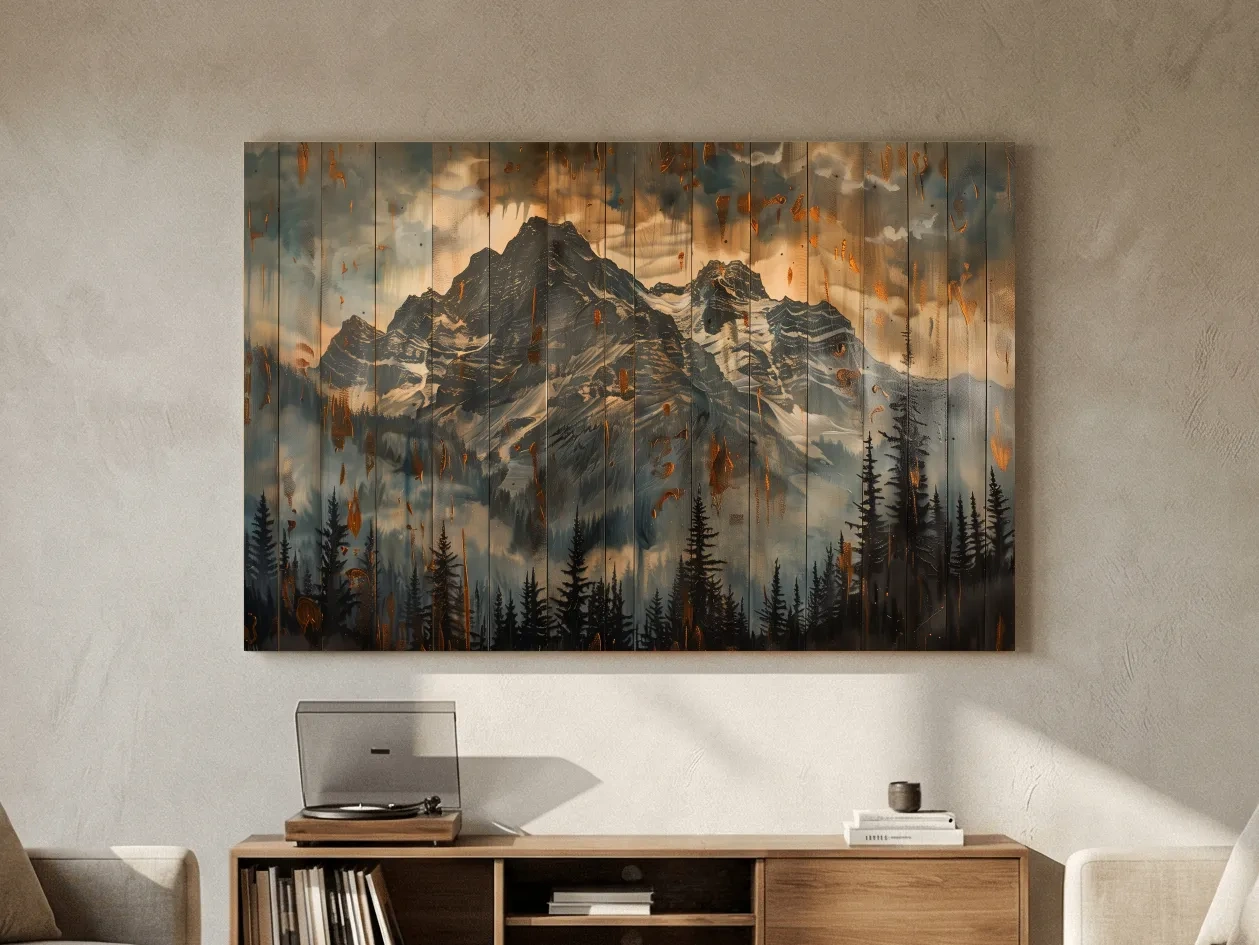 Rustic Mountain Range Painting - Alpine Forest Wood Panel Wall Art