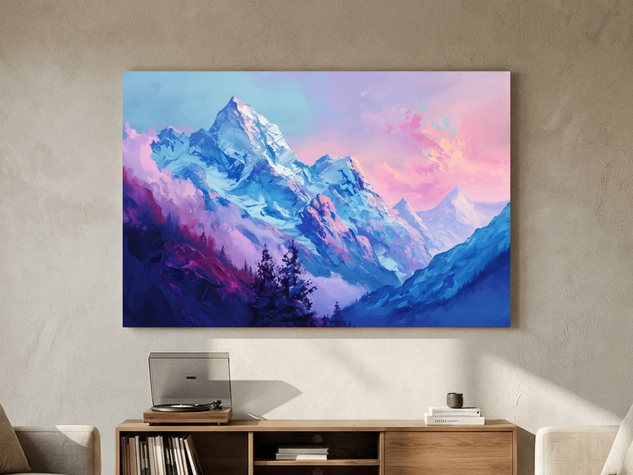 Vibrant Impressionism Alpine Mountain Painting - Colorful Snowy Peaks Wall Art