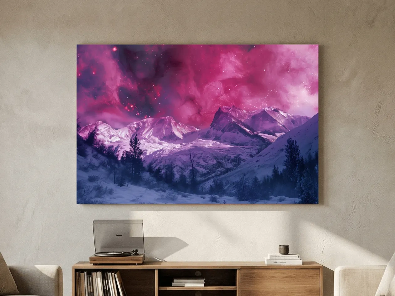 Surreal Nebula Galaxy Alpine Glacier Landscape - Cosmic Winter Night Sky Wall Art