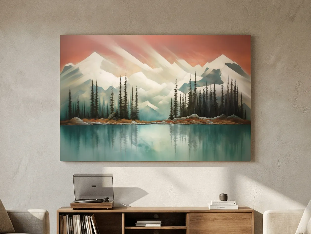 Abstract Alpine Lake Landscape Painting - Serene Pine Forest Mountain Wall Art