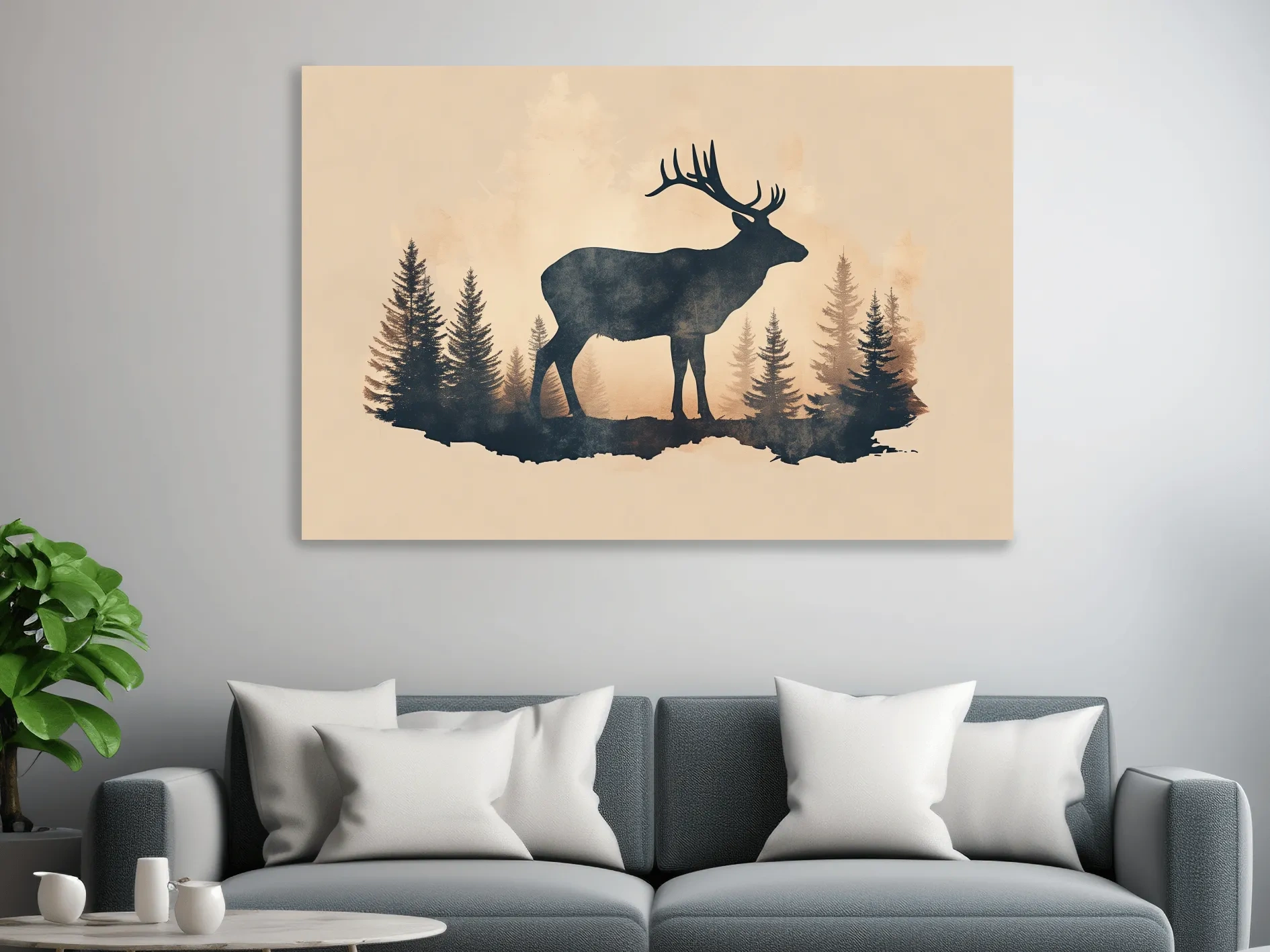 Vintage Sepia Deer Silhouette In Pine Forest - Rustic Woodland Artwork