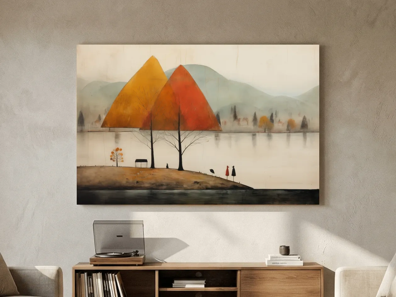 Autumn Mountains Over Misty Lakeside - Quirky Landscape Artwork