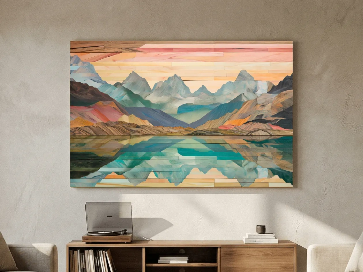 Alpine Lake Mountain Reflection - Layered Wooden Style Landscape Wall Art