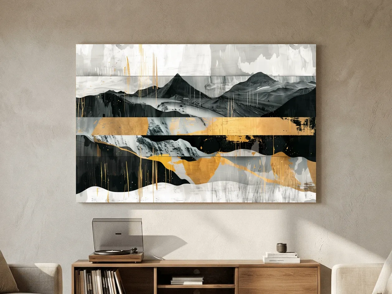 Abstract Monochrome Mountain Range With Gold Accents - Modern Mixed Media Landscape Wall Art