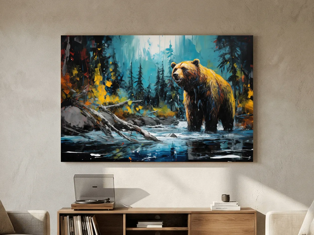 Grizzly Bear Forest River Painting - Vibrant Wildlife Nature Wall Art