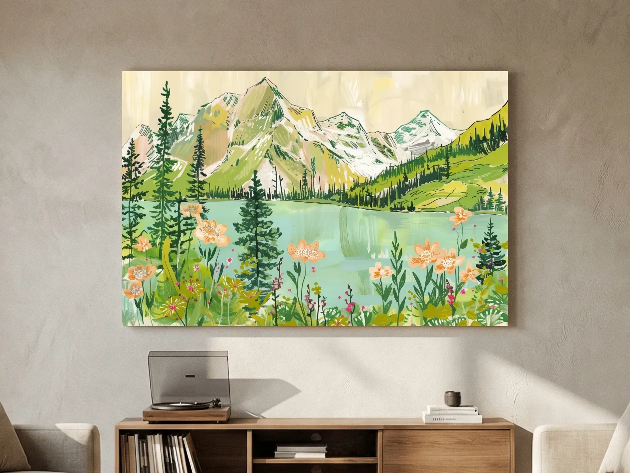 Whimsical Alpine Lake Wildflower Stylized Painting - Mountain Meadows Wall Art