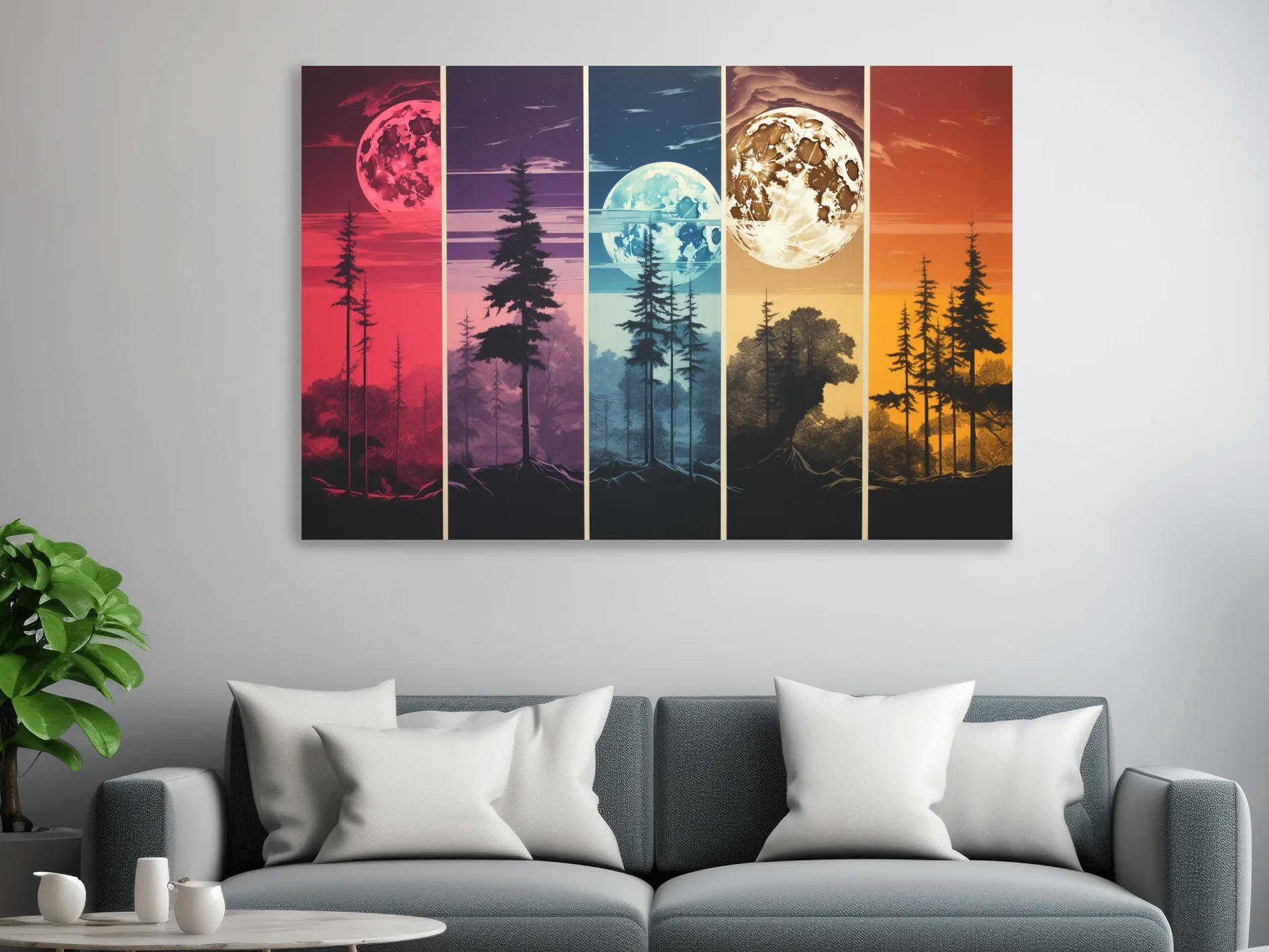 Multipanel colorful treeline under the moonlit sky, risograph style artwork