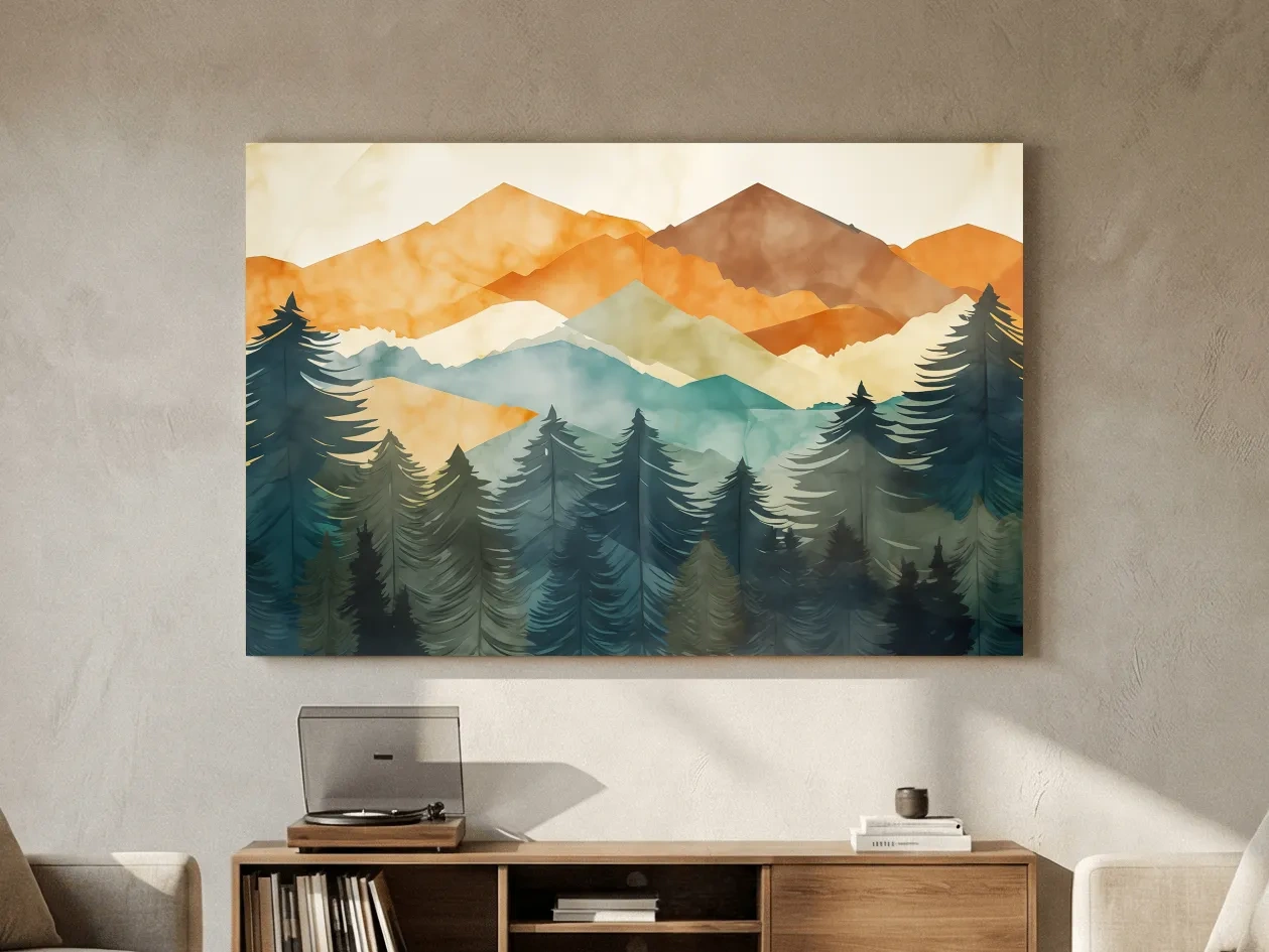 Abstract watercolor painting, mountains and forest