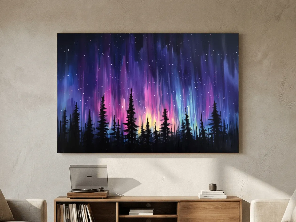 Vibrant Purple Northern Lights & Silhouetted Pine Forest - Aurora Borealis Painting Wall Art