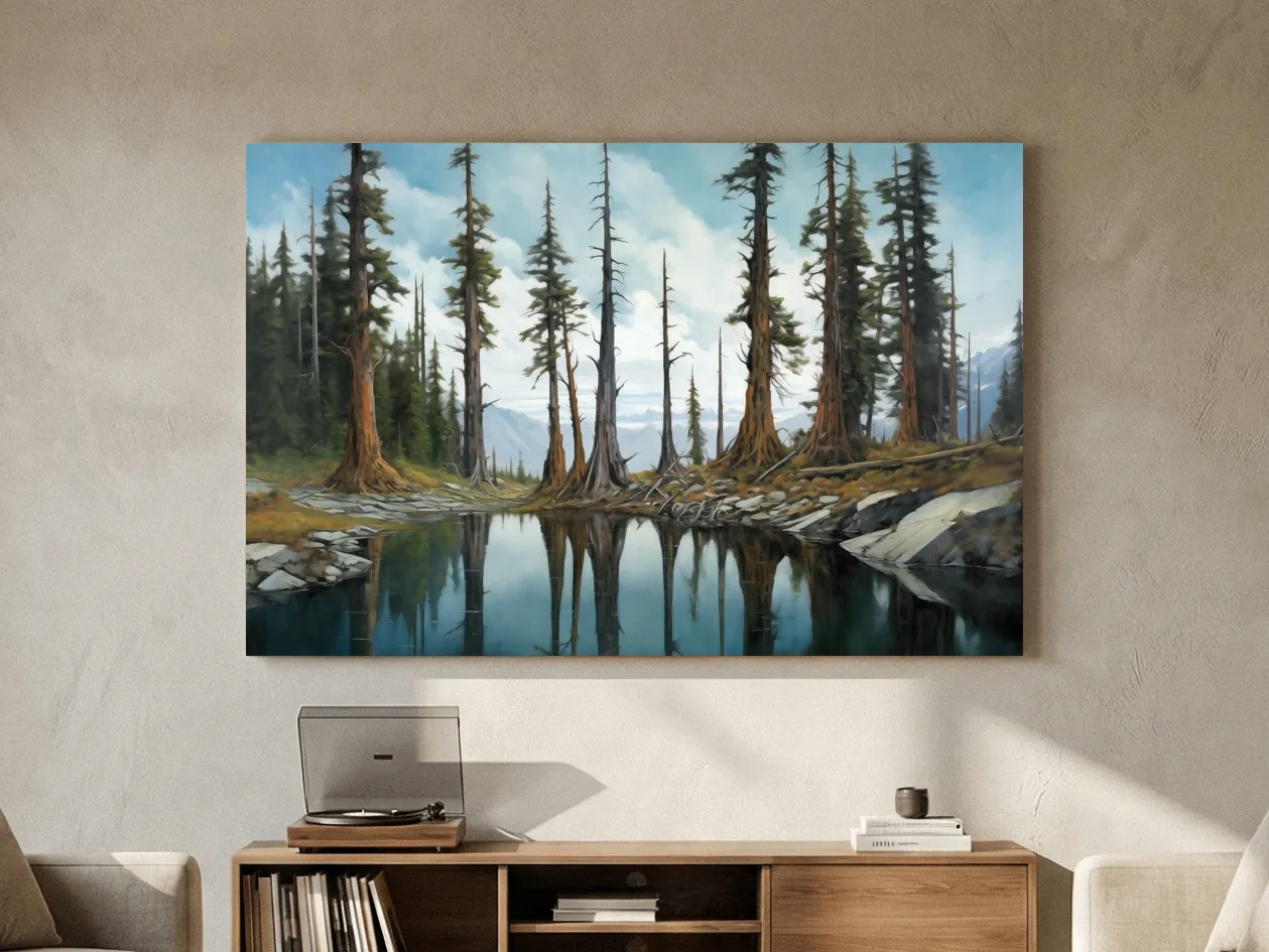 Pine Forest Lake Reflection Painting - Serene Wilderness Landscape Wall Art