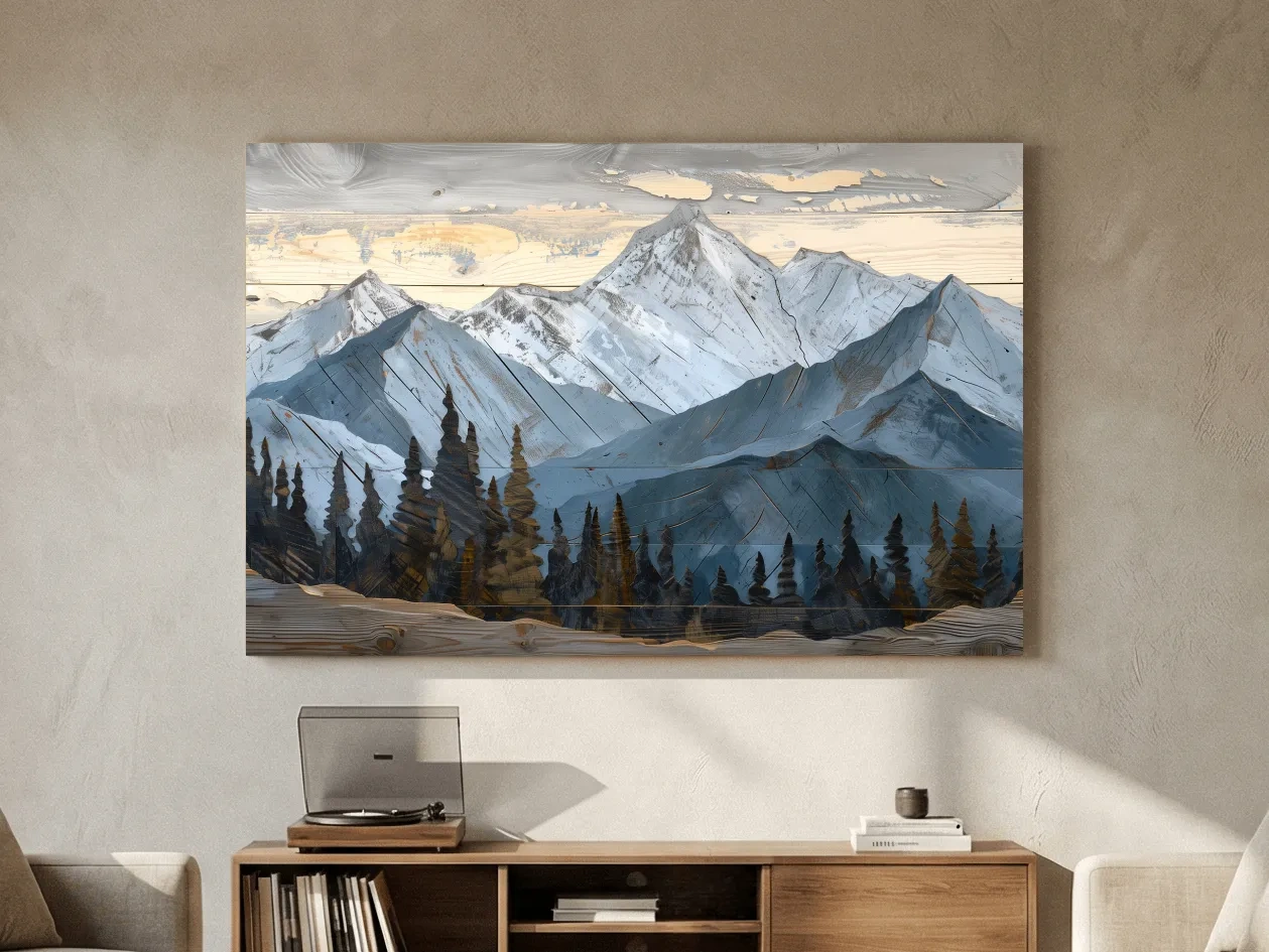 Alpine Forest Mountain Range Artwork - Rustic Woodgrain Landscape Wall Art