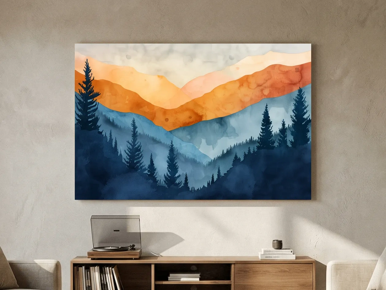 Moody Watercolor Mountain Range Silhouette - Pine Forest Painting Wall Art
