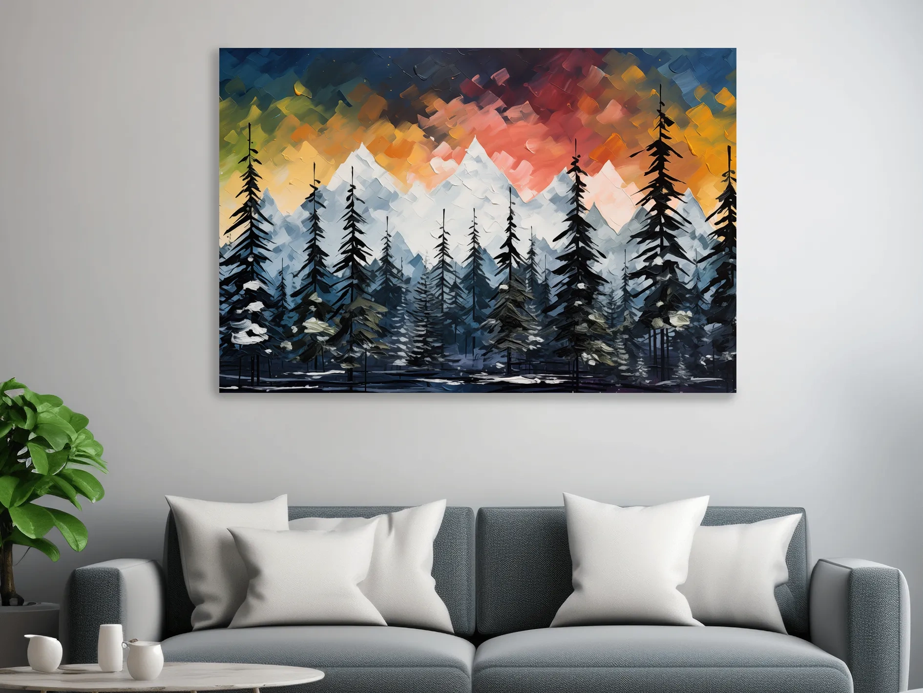 Bold textured palette knife effect impasto sunset mountain painting, treeline in the alpine