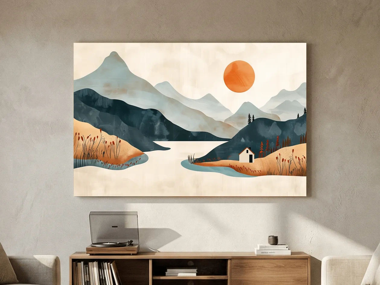 Minimalist Mountain Sunset Lake Cabin Illustration - Modern Scandinavian Wall Art