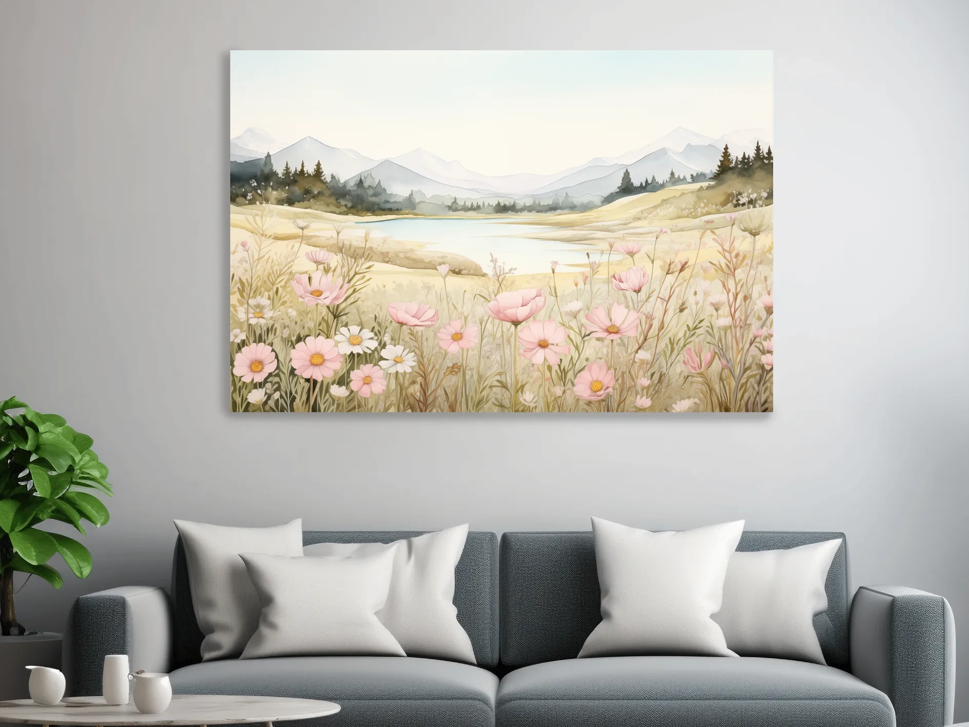Soft Watercolor Wildflower Meadow Landscape - Serene Pastel Alpine Wall Art