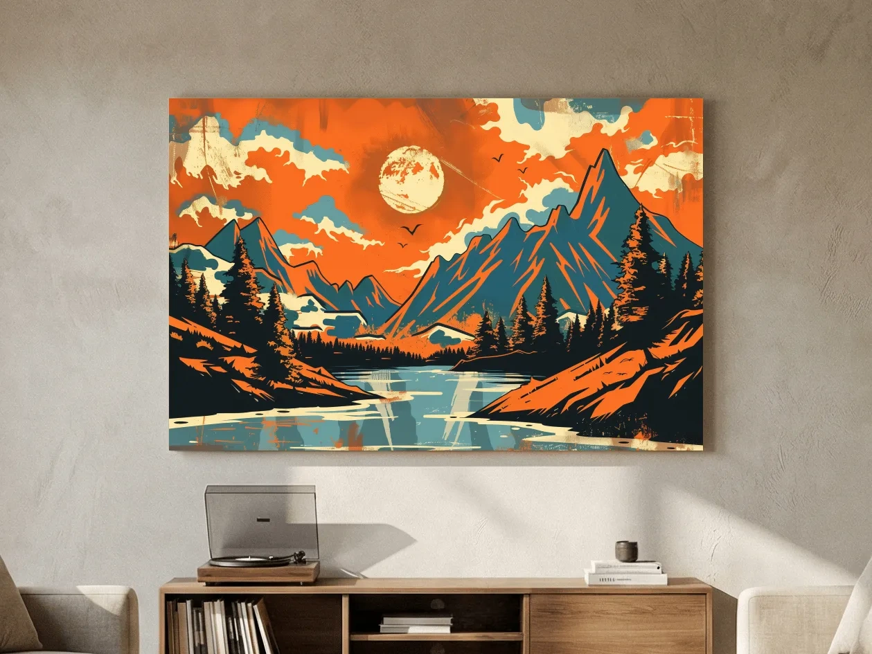 Vibrant Retro Mountain Lake Sunset Illustration - Bold Vector Landscape Wall Art