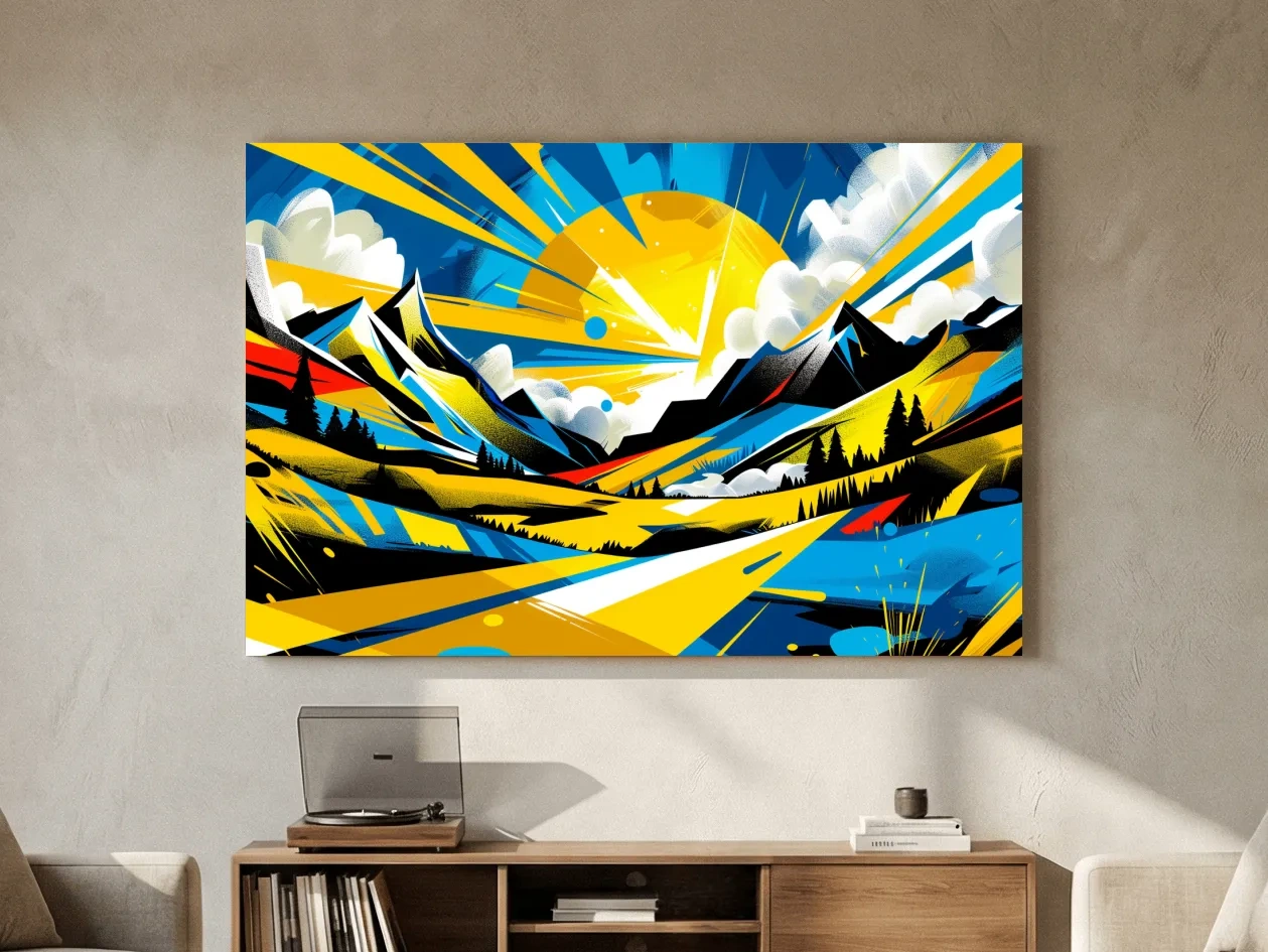 Vibrant Geometric Graffiti Mountain Sunset Landscape - Bold Pop Art Style Wall Art