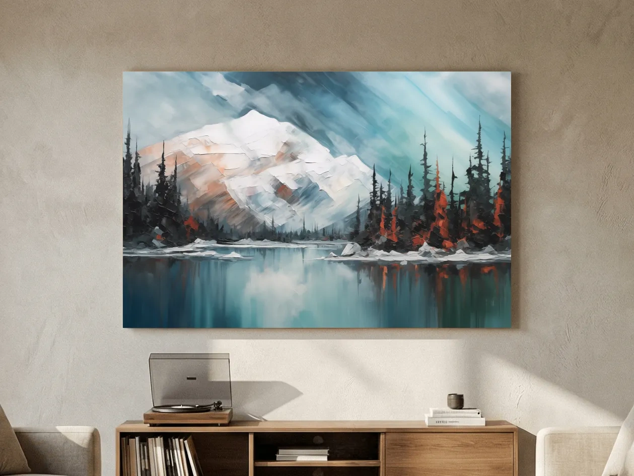 Alpine Glacier Lake Impasto Style Painting - Textured Forest Wall Art