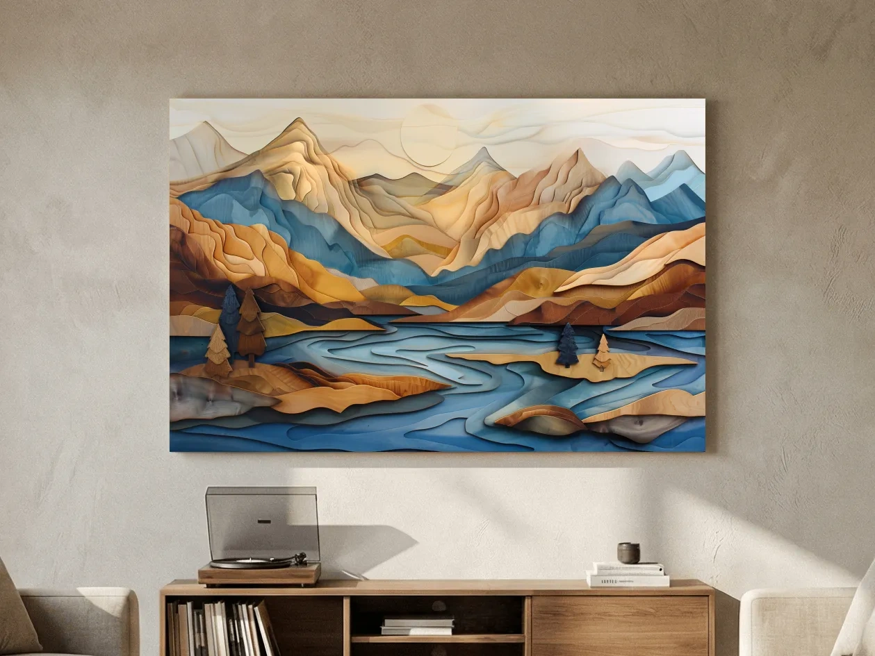 Wood Intarsia Style Alpine Mountain Lake Landscape - Modern Abstract Wall Art