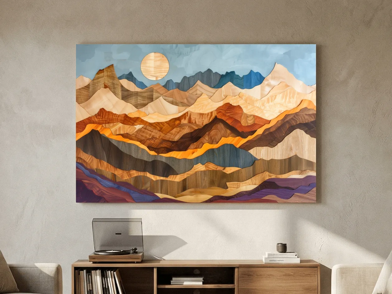 Layered Wooden Mountain Range - Intarsia Style Canvas Wall Art